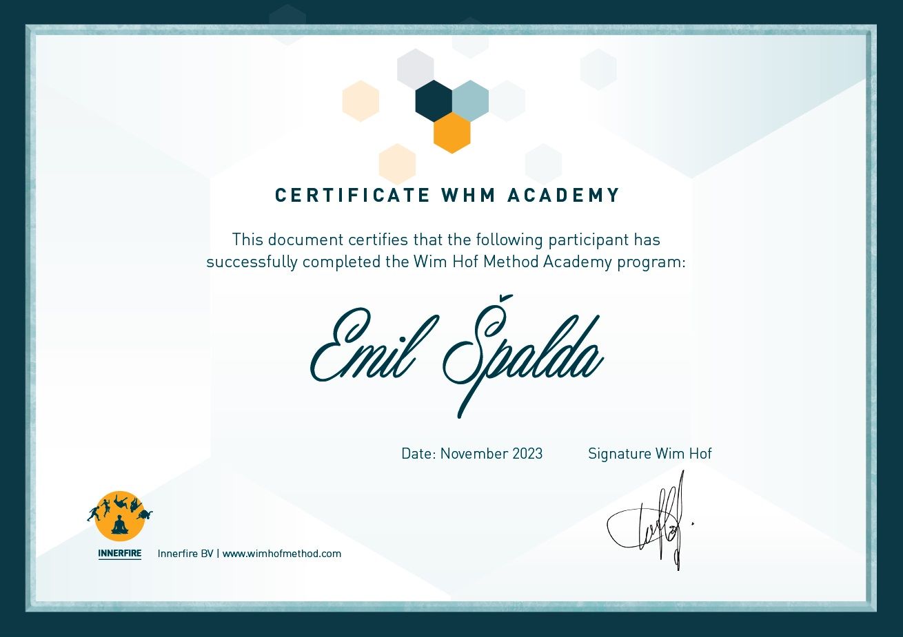 Certifikát Wim Hof Method — Emil Špalda